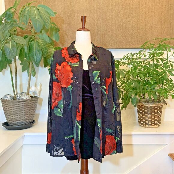 Vintage‎ Erin by Erin London Top Women's XL Sheer Black Floral Button-Up EUC - Picture 1 of 8